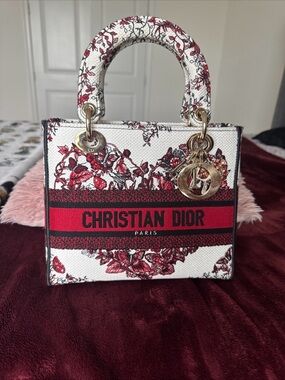 Dior White and Red Floral Lady Dior with Gold Hardware